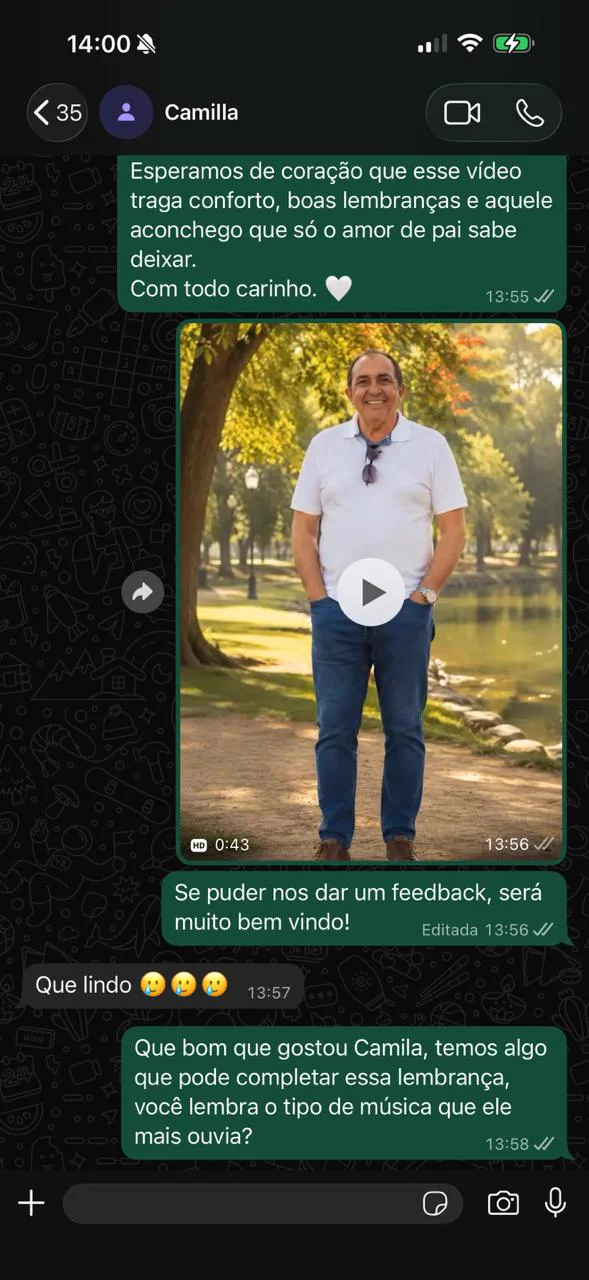 Reação real de uma cliente da Eterniza no WhatsApp