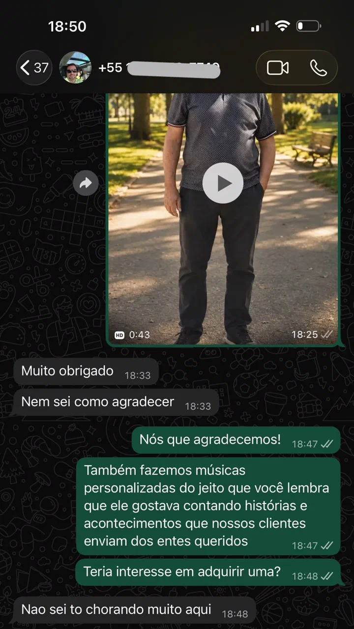 Reação real de um cliente da Eterniza no WhatsApp